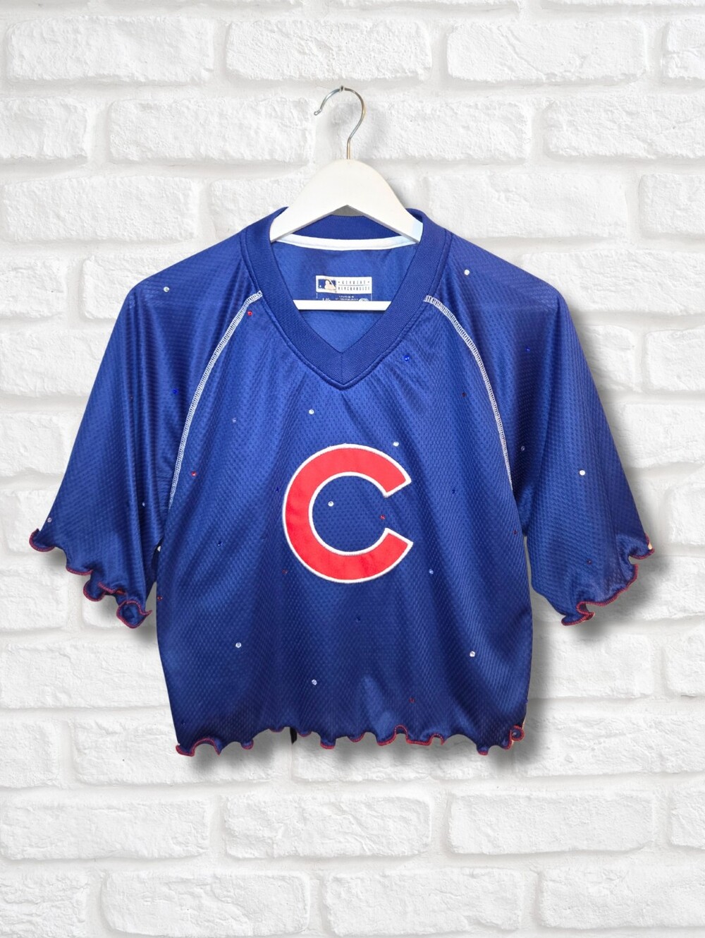 Chicago Cubs Ruffle Crop Top W/Rhinestones